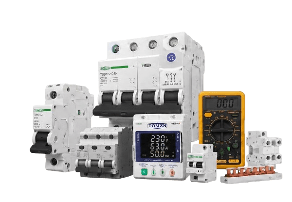 Tomzn electrical components — circuit breakers, voltage protector, and multimeter