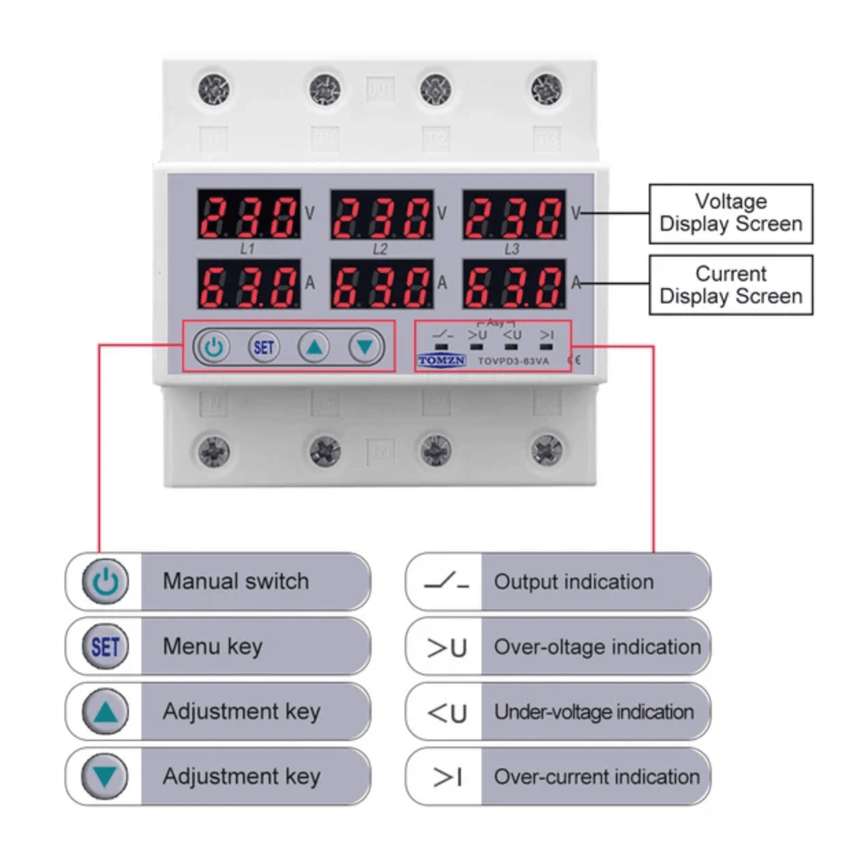 Tomzn TOVPD3-VA 3Phase 4 Pole Voltage and Current Protector - image 3