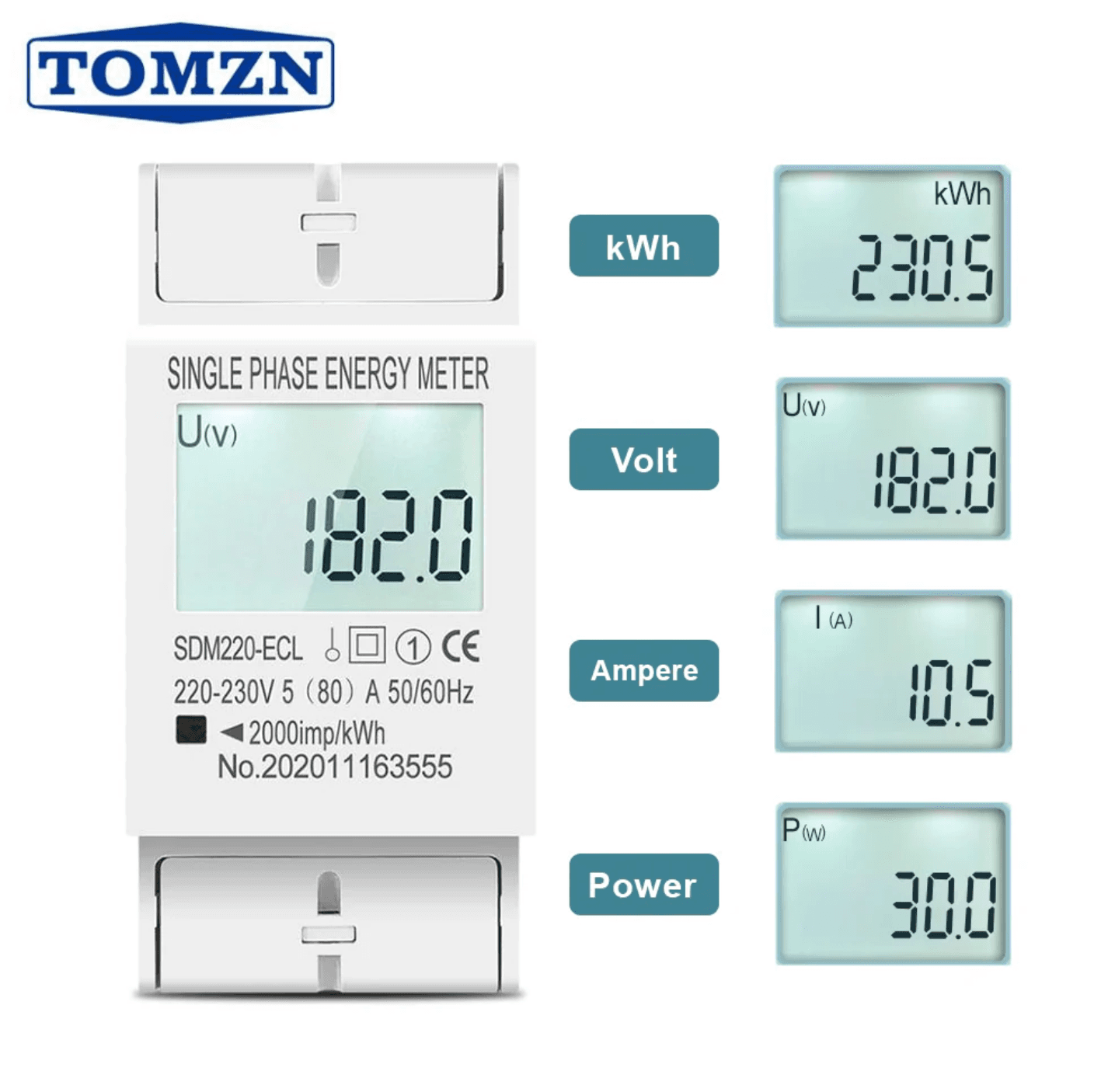 Tomzn SDM220-ECL 2P Din Rail Single Phase Digital Energy Meter - image 1