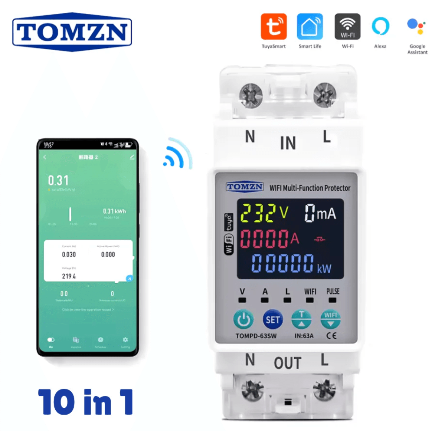 Tomzn TOMPD 63SW-63A WIFI Protector with Voltage Current and Leakage Protection (Mini 10in1) - image 1