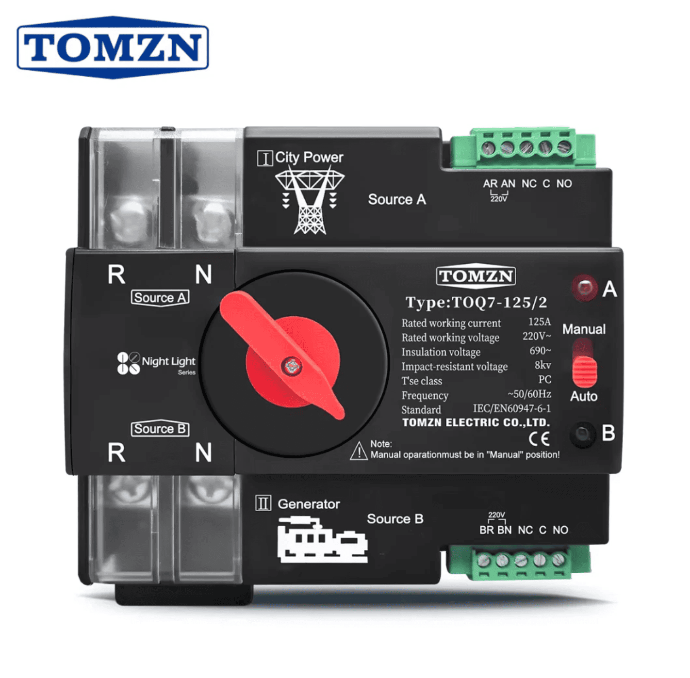 Tomzn TOQ7 2P-125A AC Single Phase Din Rail 220V Dual Power Automatic Transfer Switch ATS - image 1