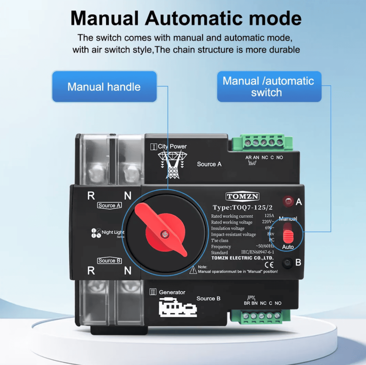 Tomzn TOQ7 2P-125A AC Single Phase Din Rail 220V Dual Power Automatic Transfer Switch ATS - image 2