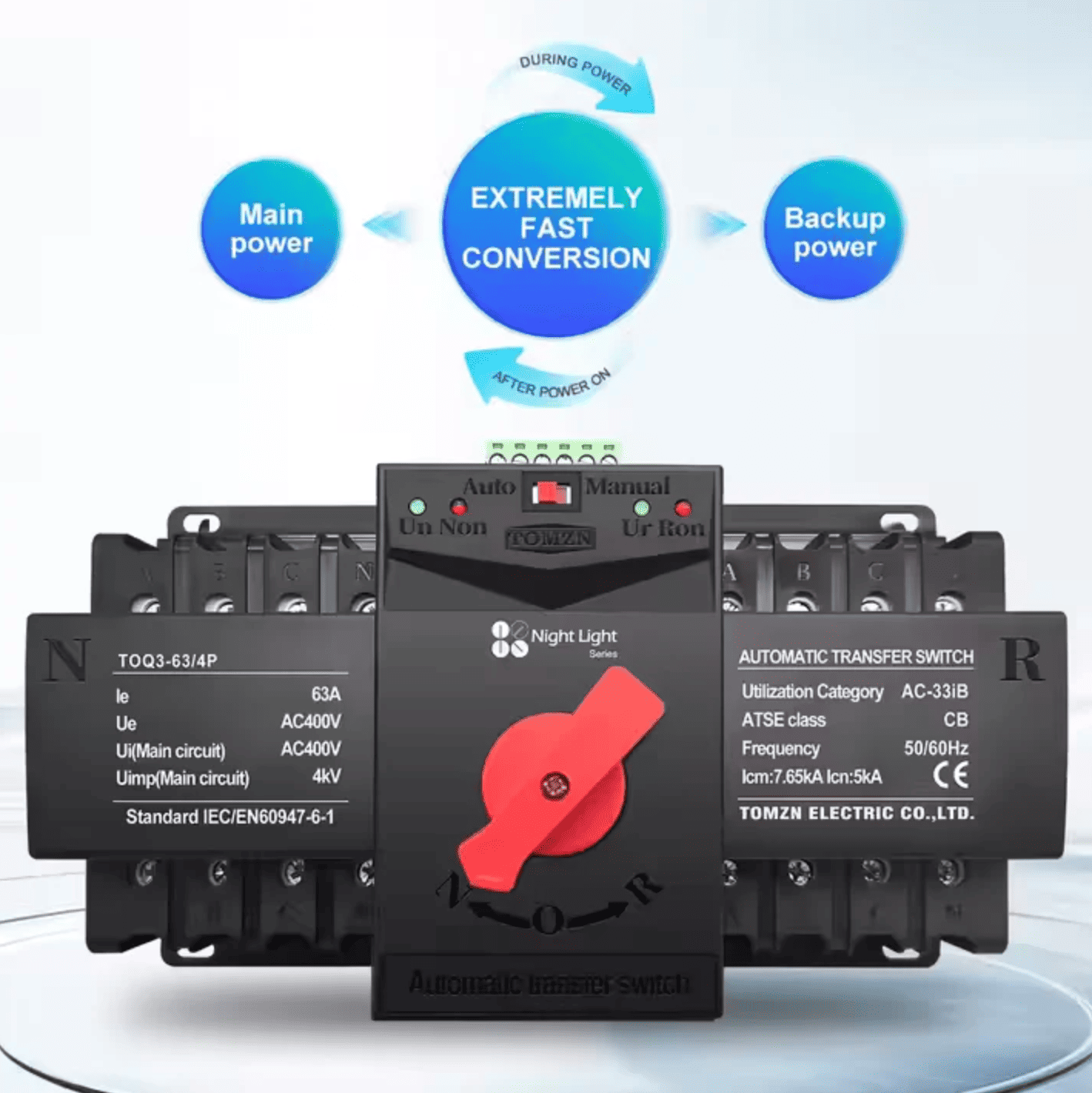 TOMZN TOQ3 4P-63A & 125A AC Three Phase Din Rail 220V Dual Power Automatic Transfer Switch ATS - image 3