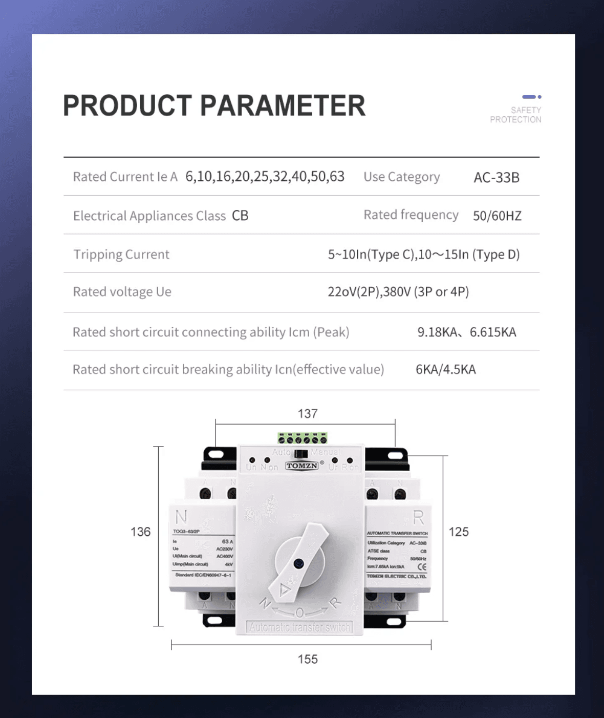 Tomzn TOQ3 2P AC Din Rail 220V Dual Power Automatic Transfer Switch (ATS) - image 2